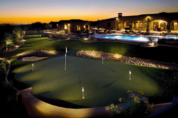 Southwest Greens of Connecticut artificial golf green with sand trap at luxury home